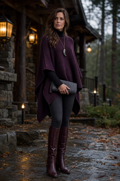 Plum Poncho and Knee-High Boots Woman wearing a plum knit poncho over black leggings with burgundy knee-high boots and a quilted black clutch.