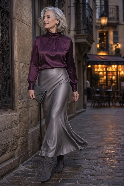 A woman wears a plum satin high-neck blouse with a silver satin midi skirt, gray ankle boots, and a black clutch.