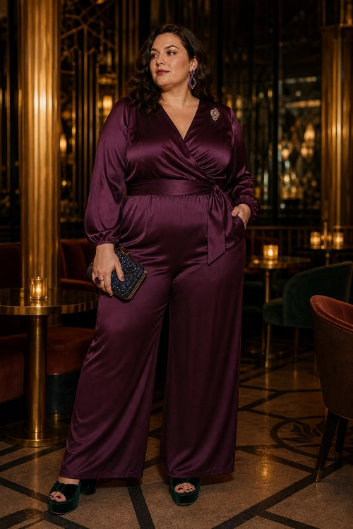 A woman wears a plum satin wrap jumpsuit with wide legs, statement earrings, a brooch, a beaded clutch, and dark green platform sandals.
