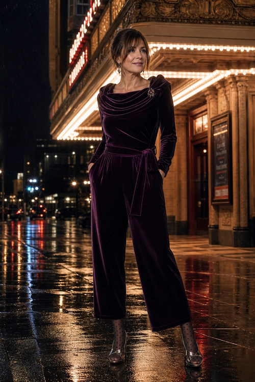 A woman wears a dark plum velvet jumpsuit with a draped neckline, wide legs, polka-dot tights, and metallic heels outside a theater at night.