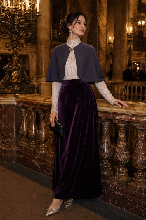 Elegant Plum Velvet Evening Outfit A woman wears a deep plum velvet skirt with an ivory lace blouse and slate-purple capelet, styled with pointed metallic shoes and a black clutch.