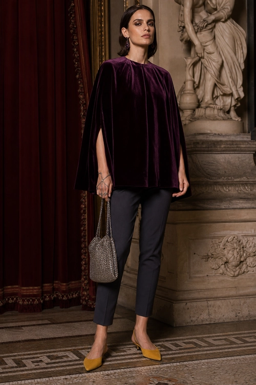 Plum Velvet Poncho Outfit A woman wears a plum velvet poncho top with dark cropped trousers, mustard pointed-toe shoes, and a metallic chain bag.