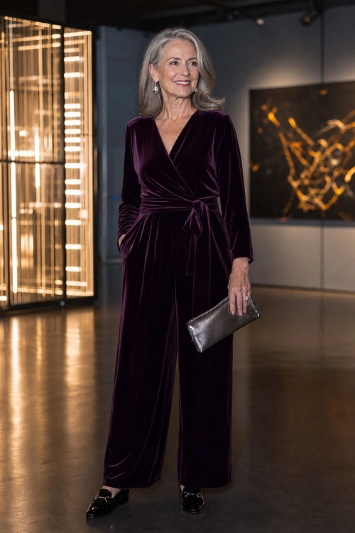 Plum Velvet Wrap Jumpsuit Outfit A woman wears a deep plum velvet wrap-style jumpsuit with wide legs, black loafers, drop earrings, and a metallic clutch.