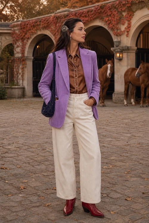 Purple Blazer with Cream Trousers Woman wearing a purple blazer, brown button-up shirt, cream wide-leg trousers, burgundy ankle boots, and a dark shoulder bag.