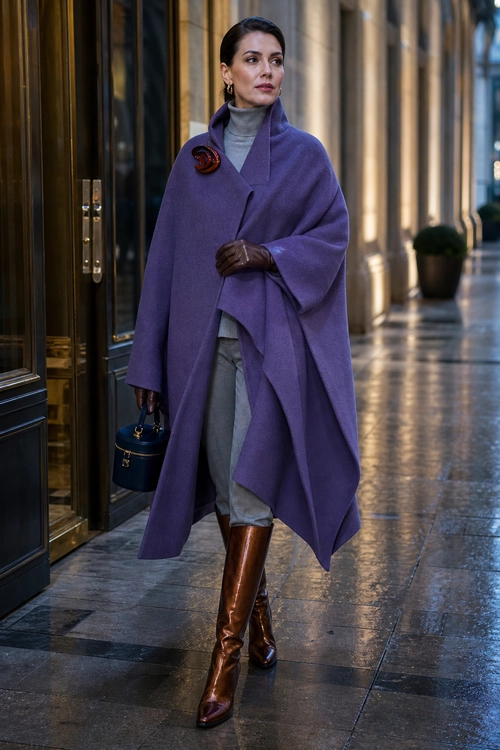 Purple Cape and Tall Boots Outfit A polished outfit featuring a purple cape, gray turtleneck, gray trousers, brown knee-high boots, gloves, and a small navy handbag.