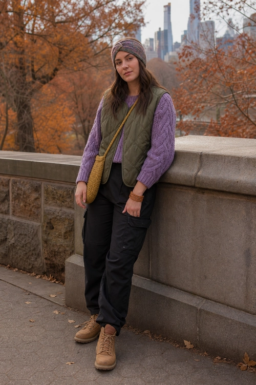 A person wears a purple knit sweater, olive quilted vest, black cargo pants, tan lace-up boots, a knitted headband, and a mustard crossbody bag outdoors.