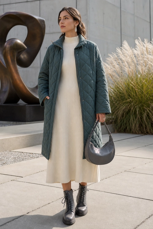 Quilted Coat with Cream Knit Dress A woman wears a blue-gray quilted coat over a cream ribbed knit dress with black lace-up boots and a dark shoulder bag.