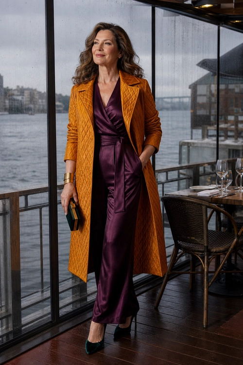 A woman wears a mustard quilted long coat over a plum satin wrap jumpsuit with dark pointed heels, a clutch, and a gold cuff bracelet.