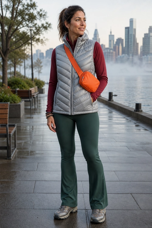 Casual outfit featuring a gray quilted vest over a burgundy long-sleeve top, dark green flared pants, gray sneakers, and an orange crossbody bag.