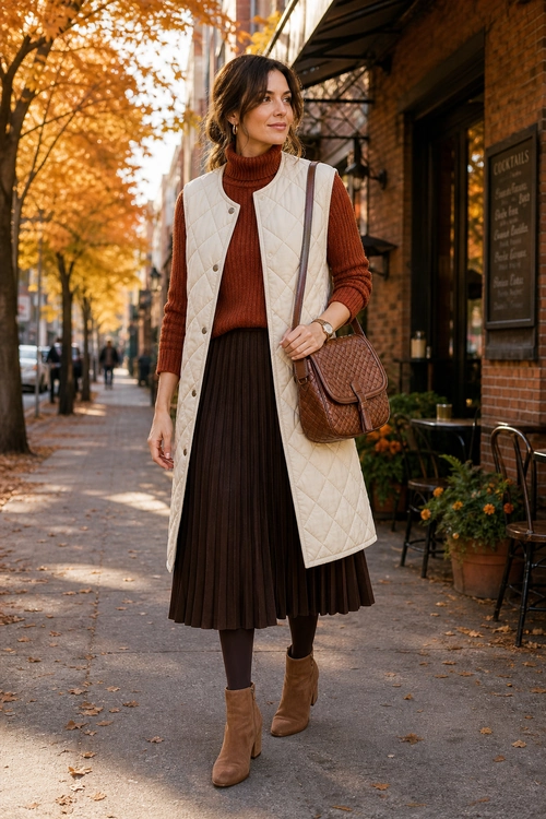 Quilted Vest and Pleated Skirt Outfit A woman wears a cream quilted vest over a rust brown turtleneck sweater with a dark pleated midi skirt, tights, tan ankle boots, and a brown shoulder bag.
