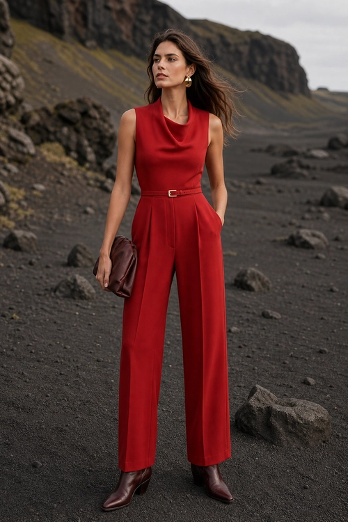 Red Belted Jumpsuit Outfit Woman wearing a red sleeveless wide-leg jumpsuit with a slim belt, burgundy clutch, burgundy ankle boots, and gold hoop earrings.