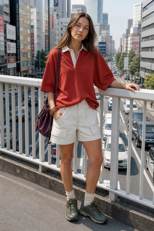 A casual urban outfit featuring a red collared blouse, white utility shorts, olive sneakers, cream socks, and a burgundy shoulder bag.