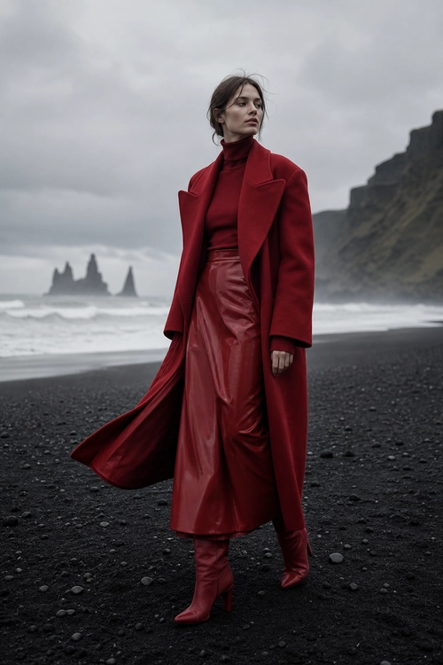 Monochromatic Red Coat and Skirt Outfit A woman wears a deep red long coat over a red turtleneck and glossy red skirt with matching heeled boots on a black beach.