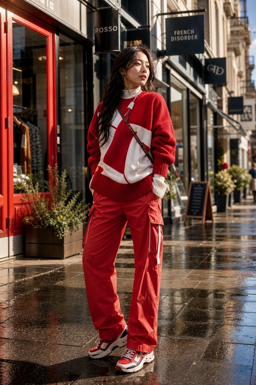 A person wears a red and white color-block sweater with red cargo trousers, white-and-red sneakers, and a crossbody bag on a city street.