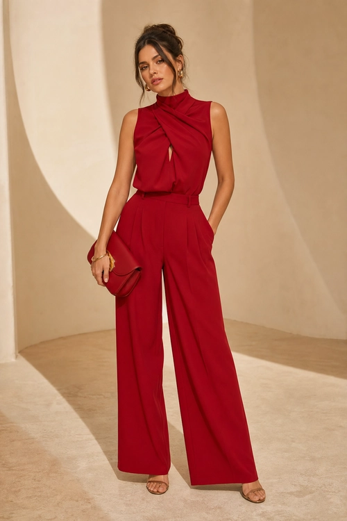 Red Draped Top and Wide-Leg Trousers Model wearing a red sleeveless draped top with wide-leg trousers, strappy sandals, and a small handbag.