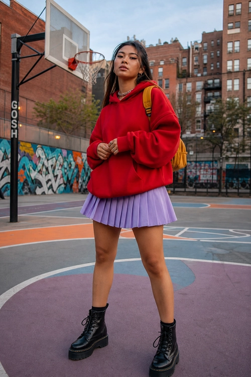 A person wears a red hoodie with a lavender pleated mini skirt, black lace-up boots, and a mustard yellow backpack on an outdoor basketball court.