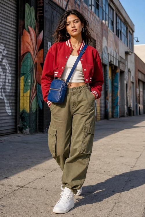 Woman wearing a red varsity jacket, white cropped top, olive cargo pants, white high-top sneakers, and a blue crossbody bag.