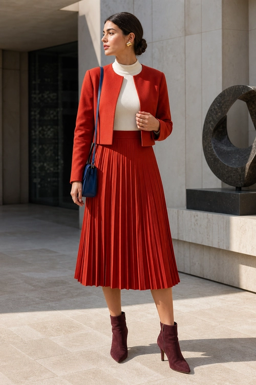 Red Pleated Skirt Outfit A woman wears a red cropped jacket with an ivory turtleneck, red pleated midi skirt, burgundy ankle boots, and a navy shoulder bag.