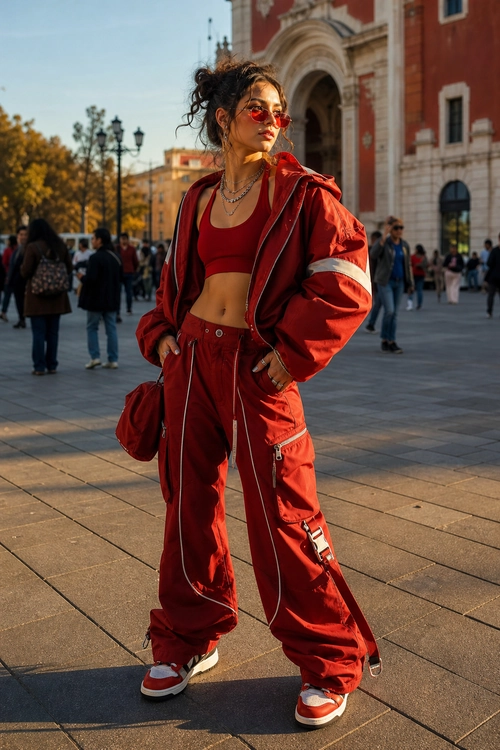 A person wears a red cropped top, hooded jacket, cargo trousers, sneakers, sunglasses, layered necklaces, and a matching shoulder bag.