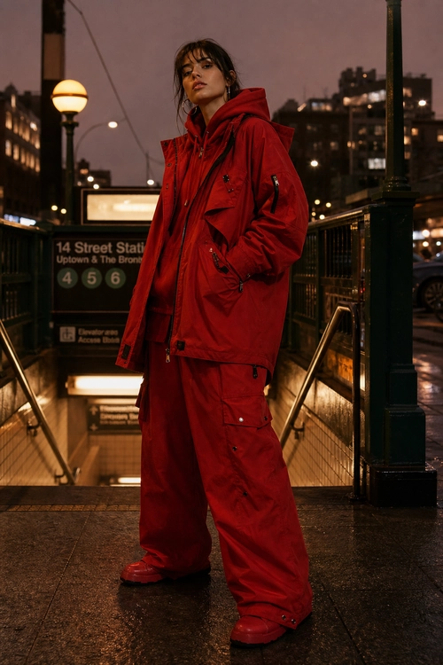 A person wears a monochromatic red hooded utility jacket, cargo pants, and matching footwear on a city subway entrance.