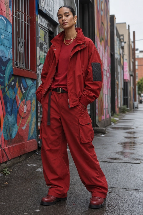 Person wearing a monochromatic red utility jacket, red top, cargo pants, black belt, and burgundy boots on an urban street.