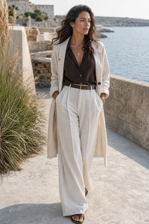 Relaxed Coastal Tailoring A woman wears a cream long cardigan, dark brown blouse, wide-leg trousers, belt, necklace, and flat sandals beside the sea.