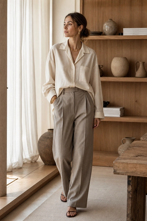 Relaxed Neutral Tailoring Woman wearing a light beige collared shirt with taupe wide-leg trousers and flat sandals.