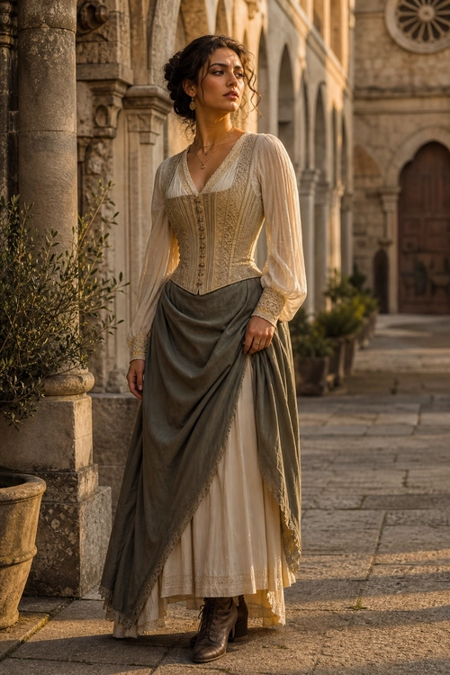 Romantic Draped Vintage Outfit A woman wears a cream long-sleeved blouse with a fitted corset-style bodice, flowing ivory skirt, taupe draped overskirt, and brown ankle boots.