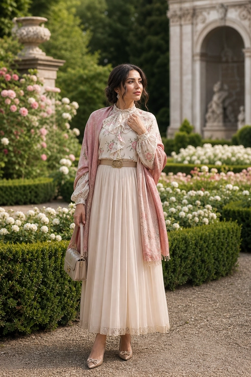 A woman wears a floral cream blouse, pleated ivory midi skirt, blush pink shawl, belt, beige handbag, and nude heels in a formal flower garden.