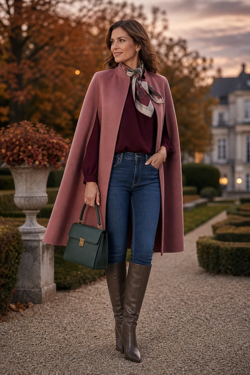 Rose Coat and Knee-High Boots A woman wears a dusty rose coat over a burgundy top with a patterned scarf, blue jeans, brown tall boots, and a dark green handbag.