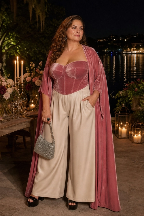 A woman wears a dusty rose corset top with a matching long cape, cream wide-leg trousers, black platform sandals, and a silver chain handbag.