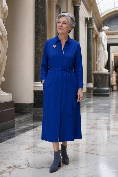 Royal Blue Belted Shirt Dress A woman wears a long royal blue belted shirt dress with ankle boots and a brooch in a grand marble interior.