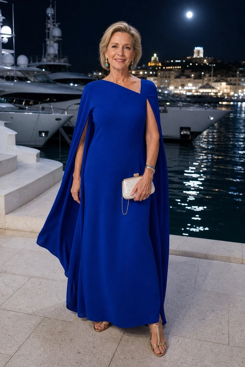 Woman wearing a floor-length royal blue cape gown with gold strappy sandals, a metallic clutch, drop earrings, and a bracelet.