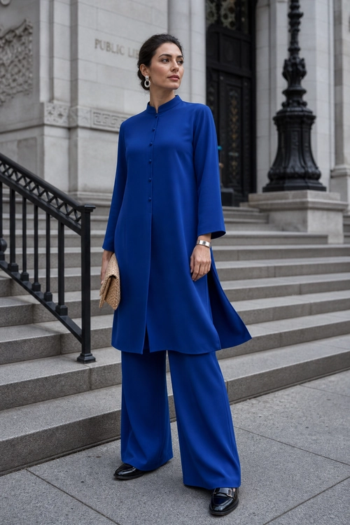 A woman wears a royal blue button-front tunic with matching wide-leg trousers, black loafers, hoop earrings, a watch, and a woven clutch.