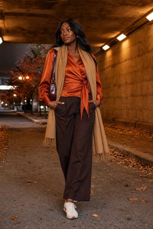 Rust Blouse and Brown Trousers Outfit A woman wears a rust draped blouse with brown wide-leg trousers, a long tan scarf, a burgundy shoulder bag, and white sneakers.