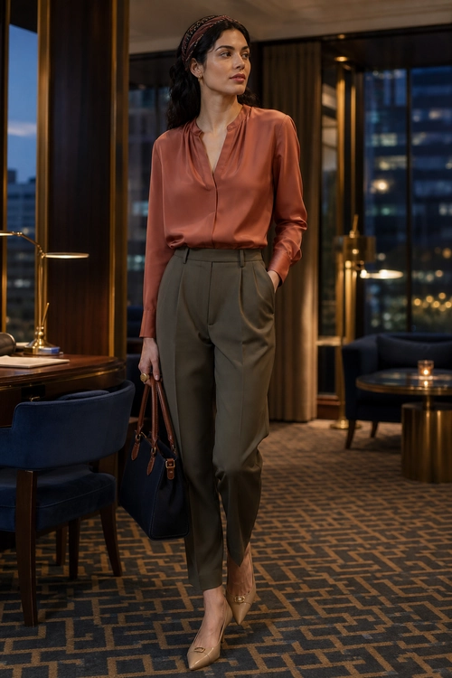 Rust Blouse and Olive Pleated Trousers A polished outfit featuring a rust satin blouse, olive pleated trousers, beige pointed shoes, a patterned headband, and a dark tote bag.