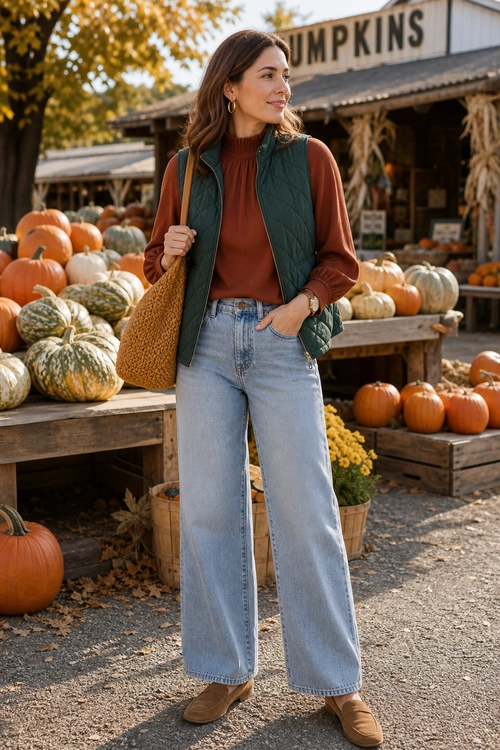 Rust Blouse and Quilted Vest Outfit Woman wearing a rust blouse, dark green quilted vest, light-wash wide-leg jeans, brown shoes, and a mustard tote at a pumpkin stand.