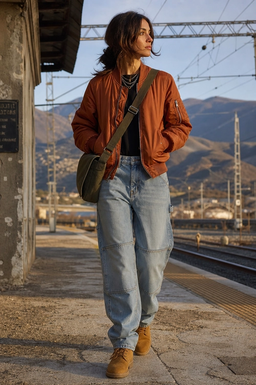 Casual outfit featuring a rust bomber jacket, black top, light blue relaxed jeans, tan boots, layered necklaces, and an olive crossbody bag.