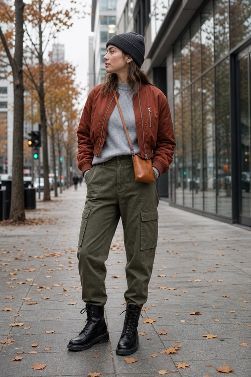 Rust Bomber Jacket and Olive Cargo Pants A person wears a rust bomber jacket, gray high-neck sweater, olive cargo pants, black lace-up boots, a black knit beanie, and a brown crossbody bag on a city sidewalk.