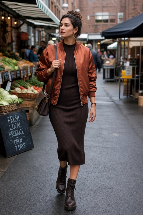 A woman wears a rust satin bomber jacket over a dark brown ribbed midi dress with matching lace-up ankle boots and a shoulder bag.