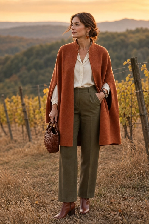 Rust Cape and Olive Trousers A rust-colored cape layered over a cream blouse and olive cropped trousers with brown ankle boots and a woven handbag.