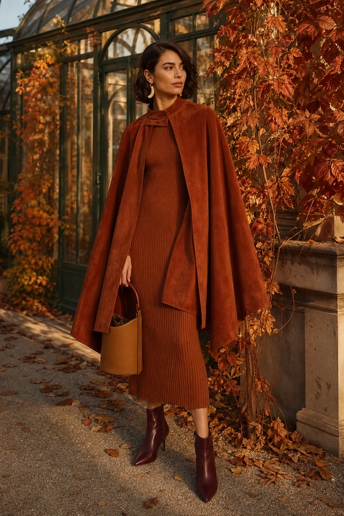 Rust Cape and Ribbed Midi Dress A woman wears a rust-colored cape coat over a ribbed midi dress with burgundy ankle boots and a tan handbag.