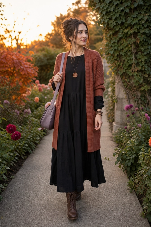 Rust Cardigan with Black Tiered Dress A woman wears a rust-brown long cardigan over a black tiered dress with brown lace-up boots and a mauve shoulder bag.