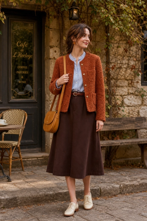 A rust button-front cardigan layered over a pale blue shirt with a brown midi skirt, tan shoulder bag, and cream lace-up shoes.
