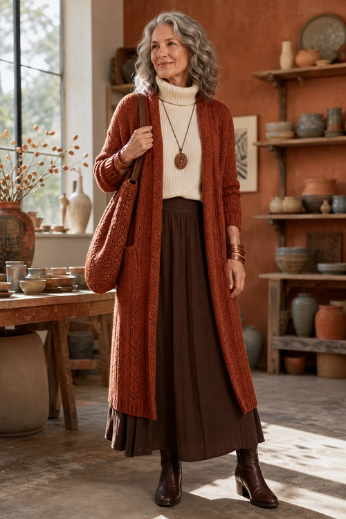 Rust Cardigan and Brown Skirt Outfit A rust long cardigan layered over a cream turtleneck and dark brown skirt, styled with brown boots, a shoulder bag, and pendant necklace.