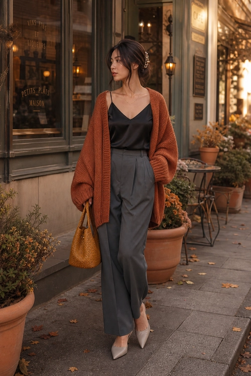 Rust Cardigan and Wide-Leg Trousers Woman wearing a rust knit cardigan over a black camisole with gray wide-leg trousers, pointed beige pumps, and a woven tan shoulder bag.