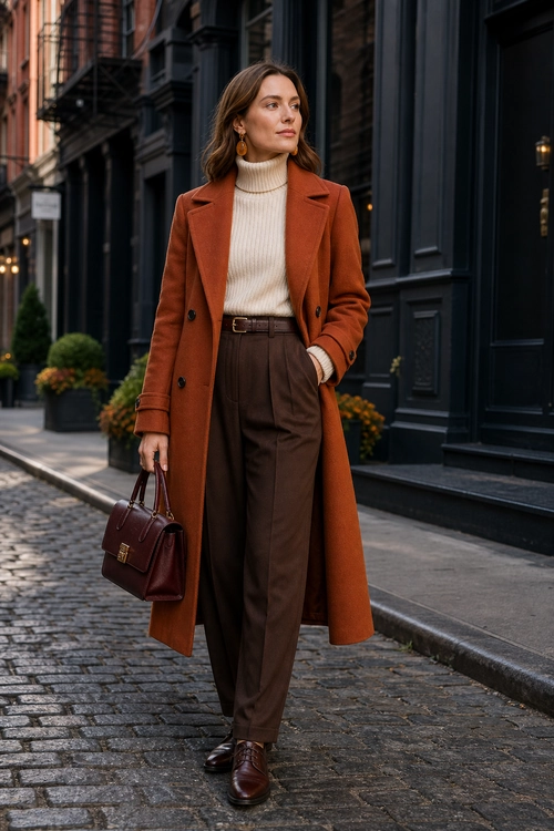 A tailored rust coat layered over a cream turtleneck with brown trousers, leather shoes, and a structured handbag.
