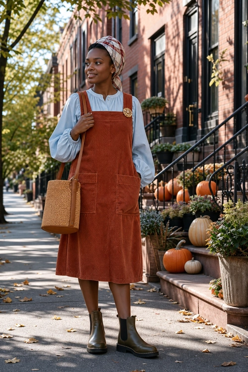 Rust Corduroy Pinafore Outfit A rust corduroy pinafore dress is layered over a pale blue blouse and styled with a patterned headscarf, woven tote bag, and dark ankle boots.