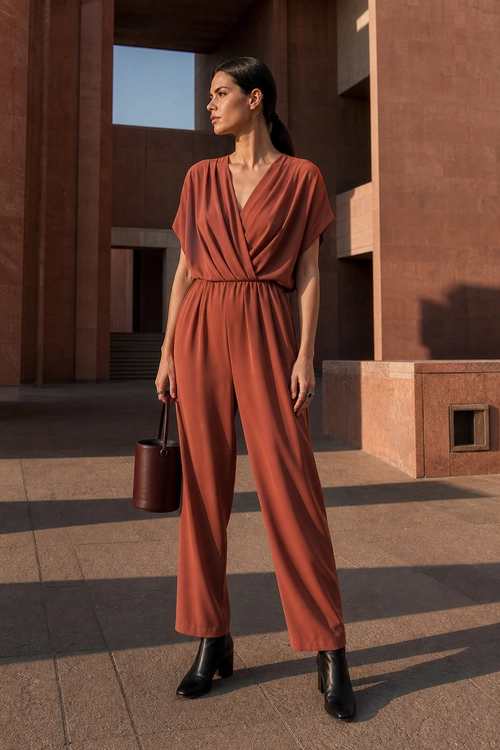 Rust Draped Jumpsuit Outfit A woman wears a rust-colored draped wide-leg jumpsuit with black ankle boots and carries a dark burgundy handbag.