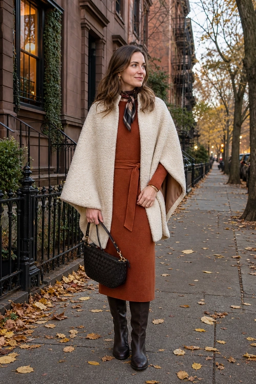A rust-colored long-sleeve dress styled with a cream cape, patterned neck scarf, black knee-high boots, and a woven black shoulder bag.